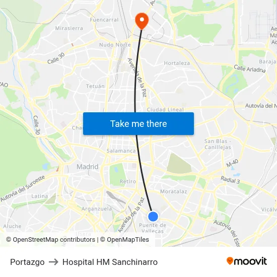 Portazgo to Hospital HM Sanchinarro map