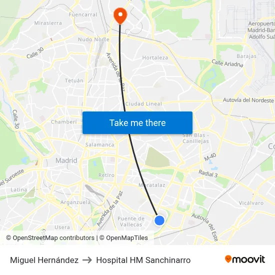 Miguel Hernández to Hospital HM Sanchinarro map