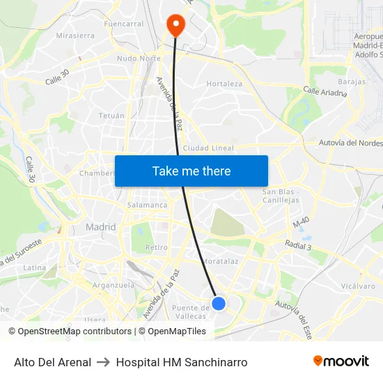Alto Del Arenal to Hospital HM Sanchinarro map