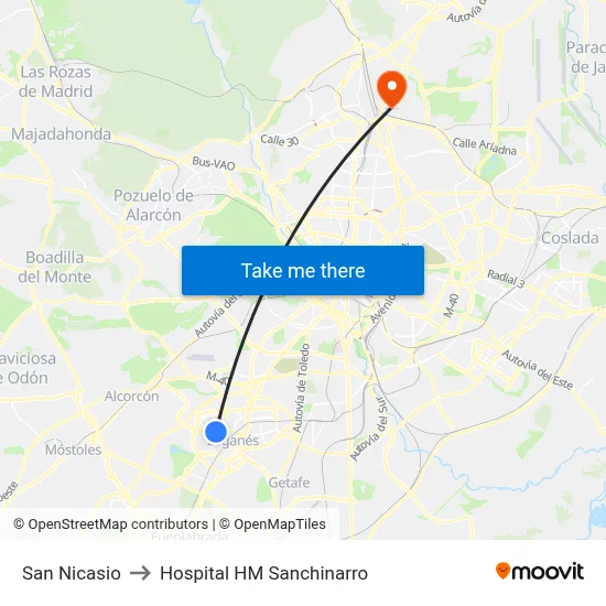 San Nicasio to Hospital HM Sanchinarro map