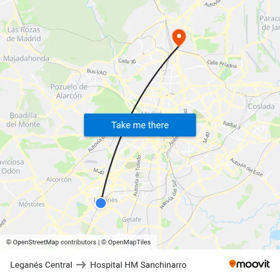 Leganés Central to Hospital HM Sanchinarro map