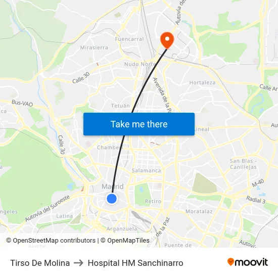 Tirso De Molina to Hospital HM Sanchinarro map