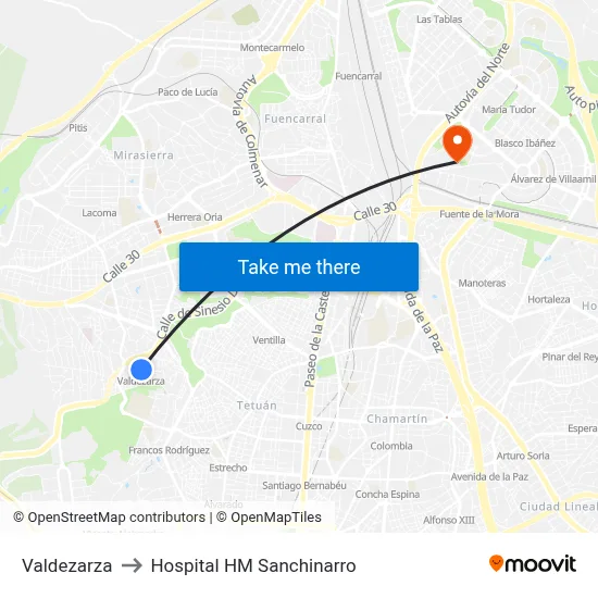 Valdezarza to Hospital HM Sanchinarro map