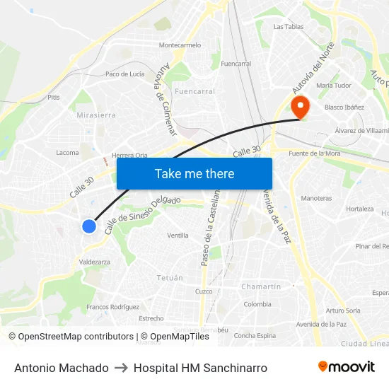 Antonio Machado to Hospital HM Sanchinarro map