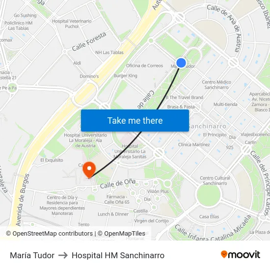 María Tudor to Hospital HM Sanchinarro map
