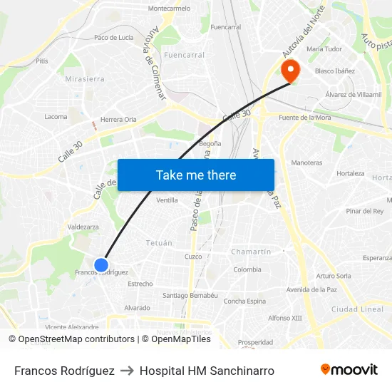 Francos Rodríguez to Hospital HM Sanchinarro map