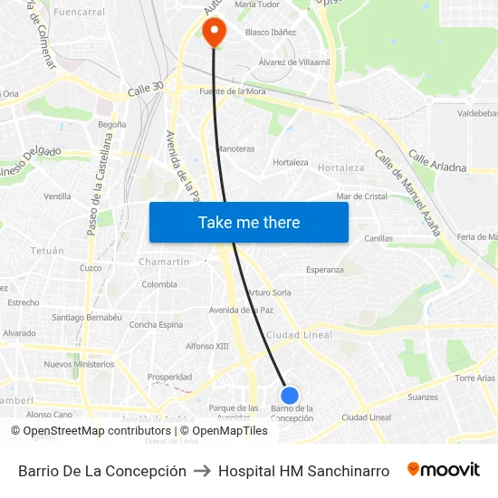 Barrio De La Concepción to Hospital HM Sanchinarro map