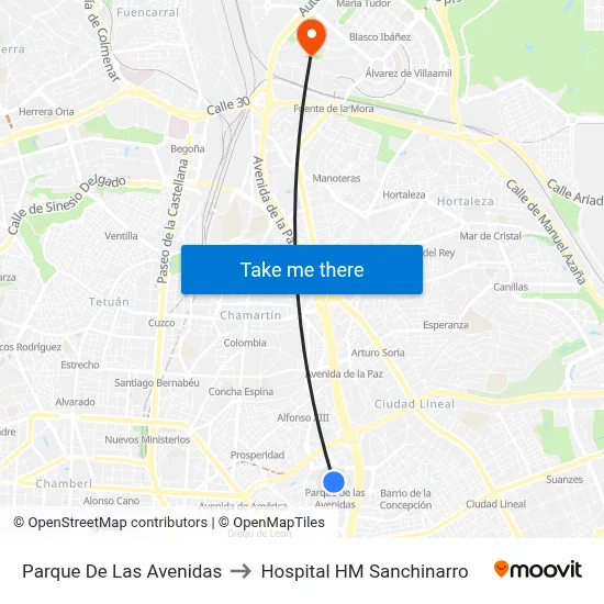 Parque De Las Avenidas to Hospital HM Sanchinarro map