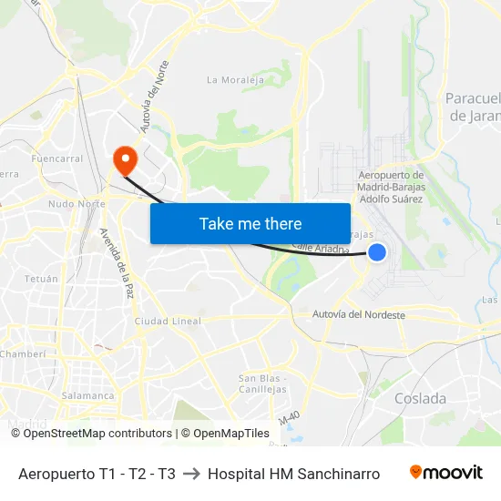 Aeropuerto T1 - T2 - T3 to Hospital HM Sanchinarro map