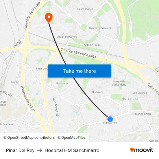 Pinar Del Rey to Hospital HM Sanchinarro map