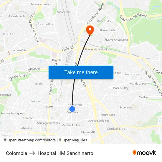 Colombia to Hospital HM Sanchinarro map