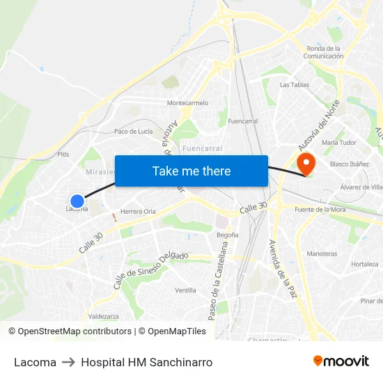 Lacoma to Hospital HM Sanchinarro map