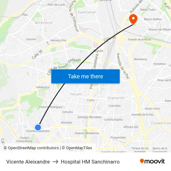 Vicente Aleixandre to Hospital HM Sanchinarro map