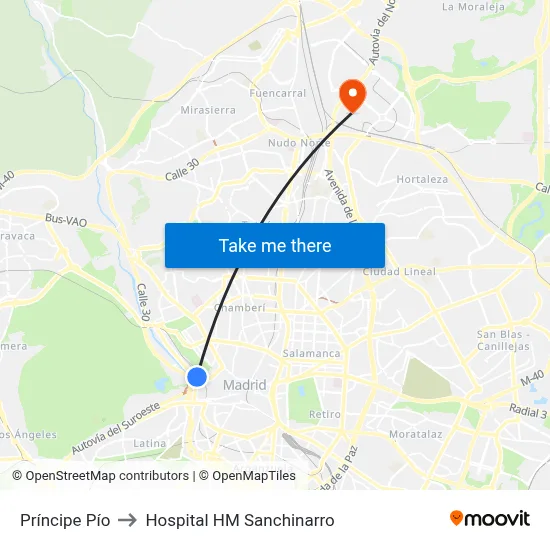Príncipe Pío to Hospital HM Sanchinarro map