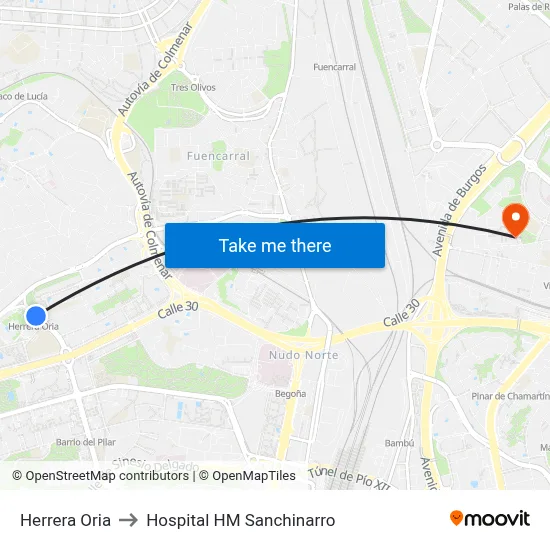 Herrera Oria to Hospital HM Sanchinarro map