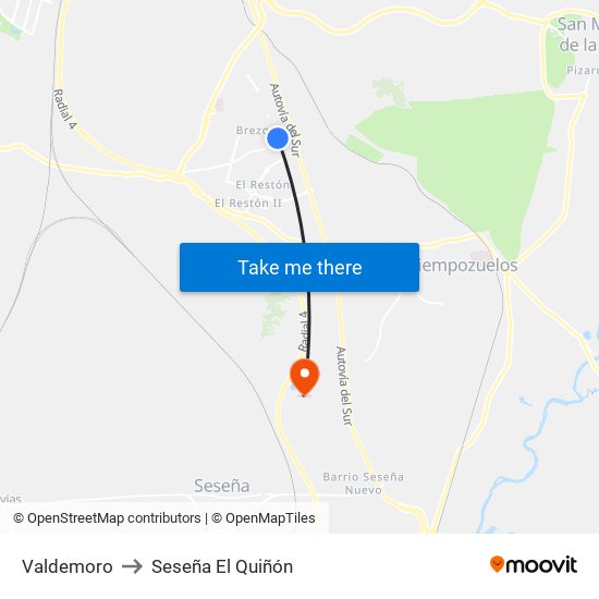 Valdemoro to Seseña El Quiñón map