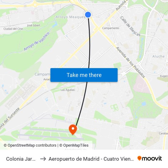 Colonia Jardín to Aeropuerto de Madrid - Cuatro Vientos map