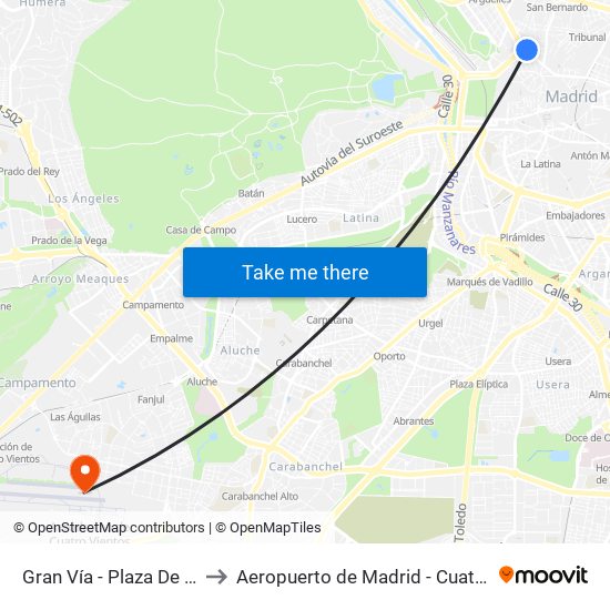 Gran Vía - Plaza De España to Aeropuerto de Madrid - Cuatro Vientos map