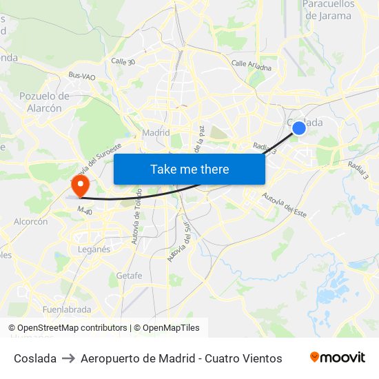 Coslada to Aeropuerto de Madrid - Cuatro Vientos map