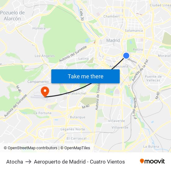 Atocha to Aeropuerto de Madrid - Cuatro Vientos map
