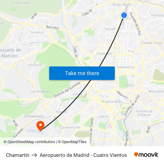 Chamartín to Aeropuerto de Madrid - Cuatro Vientos map