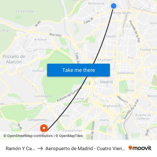 Ramón Y Cajal to Aeropuerto de Madrid - Cuatro Vientos map