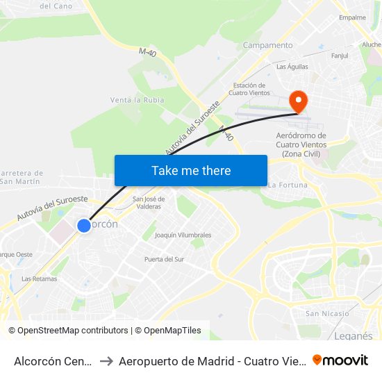 Alcorcón Central to Aeropuerto de Madrid - Cuatro Vientos map