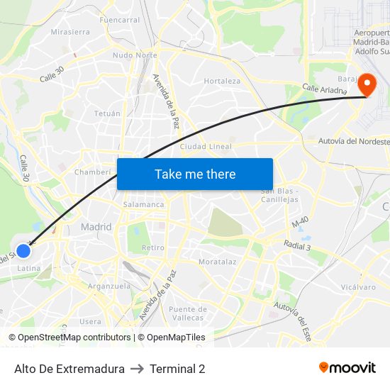 Alto De Extremadura to Terminal 2 map