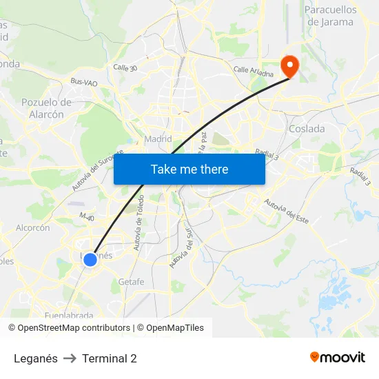 Leganés to Terminal 2 map