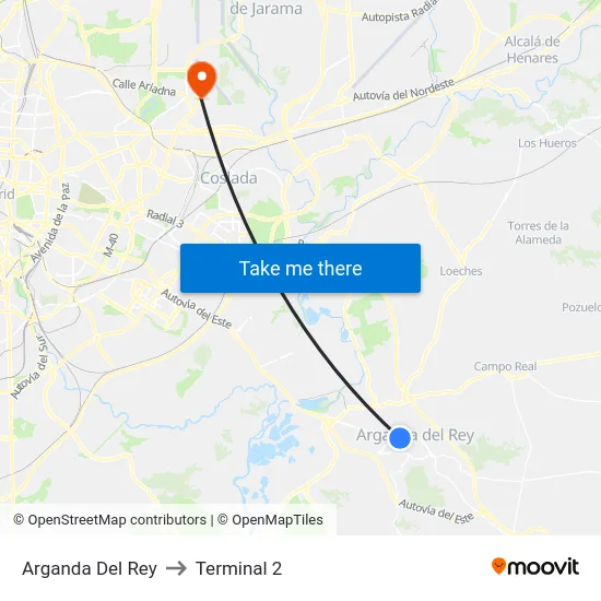 Arganda Del Rey to Terminal 2 map