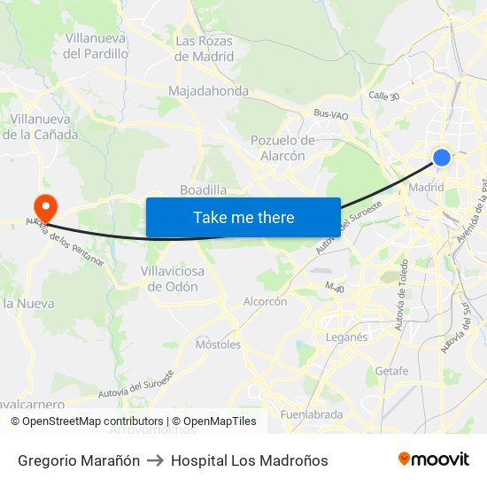 Gregorio Marañón to Hospital Los Madroños map