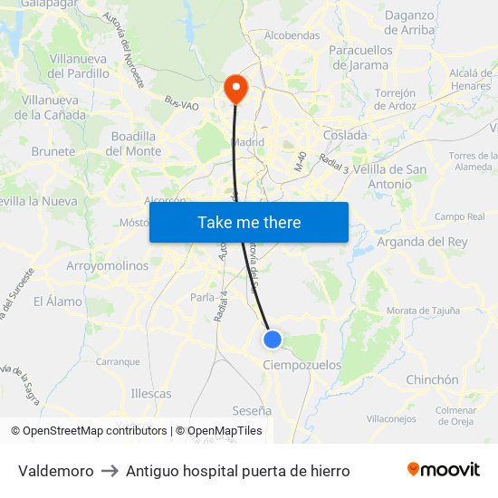 Valdemoro to Antiguo hospital puerta de hierro map