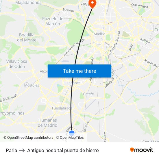 Parla to Antiguo hospital puerta de hierro map