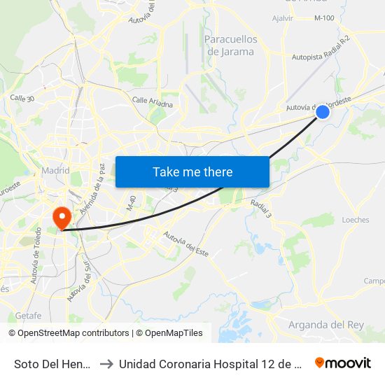 Soto Del Henares to Unidad Coronaria Hospital 12 de Octubre map