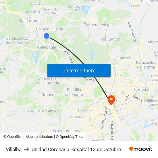 Villalba to Unidad Coronaria Hospital 12 de Octubre map