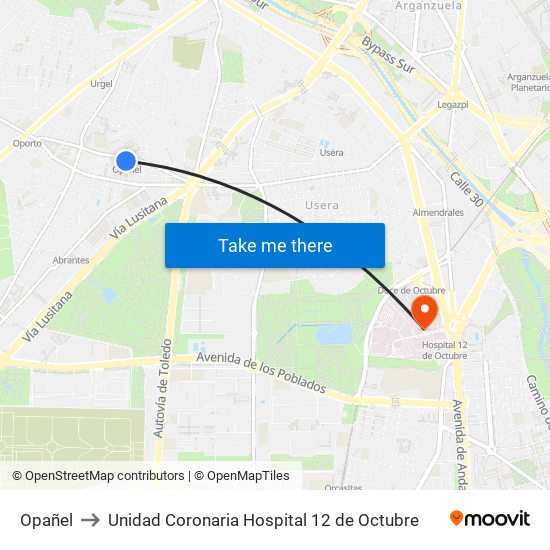 Opañel to Unidad Coronaria Hospital 12 de Octubre map