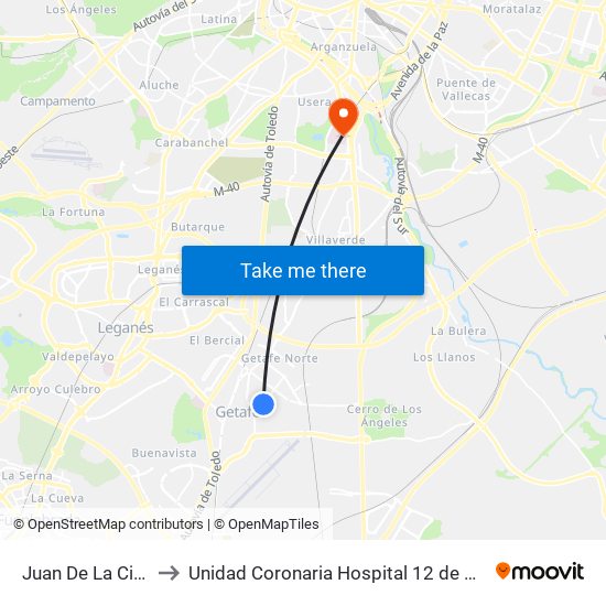 Juan De La Cierva to Unidad Coronaria Hospital 12 de Octubre map