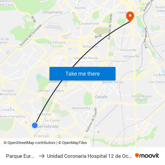 Parque Europa to Unidad Coronaria Hospital 12 de Octubre map