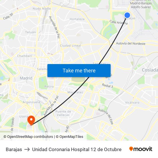 Barajas to Unidad Coronaria Hospital 12 de Octubre map