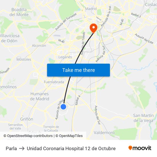 Parla to Unidad Coronaria Hospital 12 de Octubre map