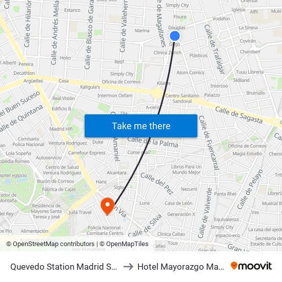 Quevedo Station Madrid Spain to Hotel Mayorazgo Madrid map