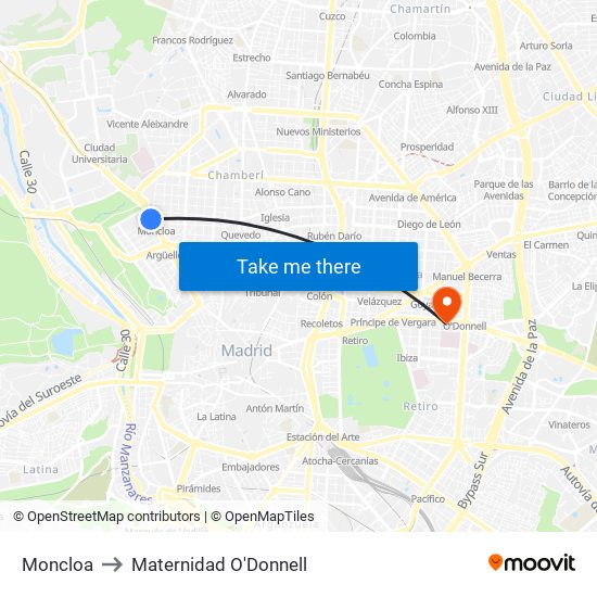 Moncloa to Maternidad O'Donnell map