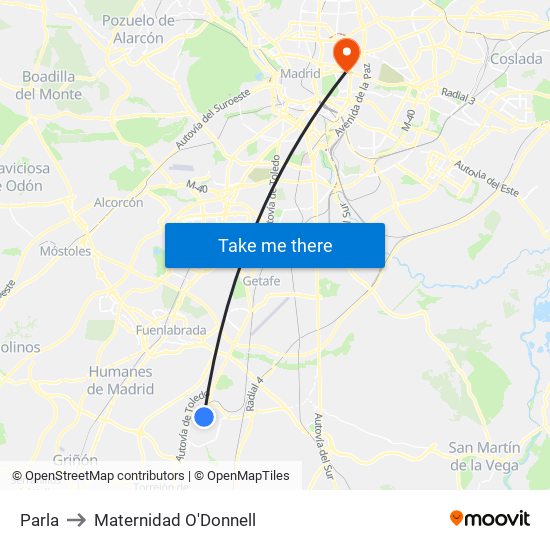Parla to Maternidad O'Donnell map