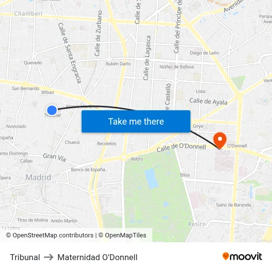 Tribunal to Maternidad O'Donnell map