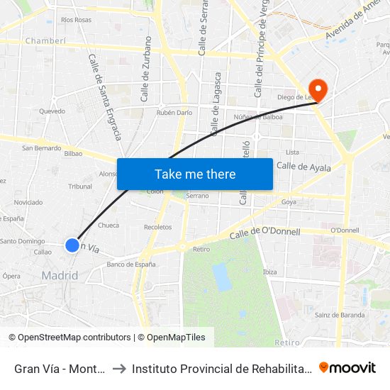 Gran Vía - Montera to Instituto Provincial de Rehabilitación map