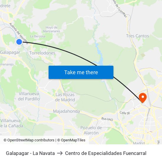 Galapagar - La Navata to Centro de Especialidades Fuencarral map