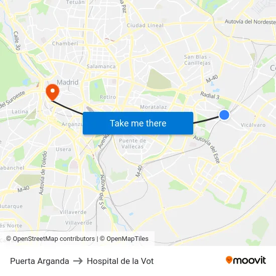 Puerta Arganda to Hospital de la Vot map
