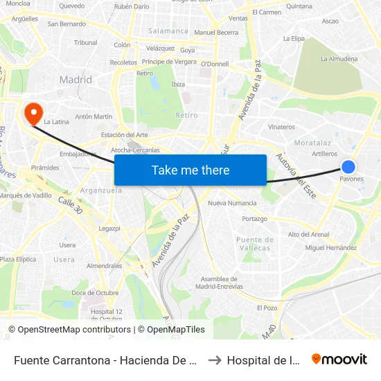 Fuente Carrantona - Hacienda De Pavones to Hospital de la Vot map