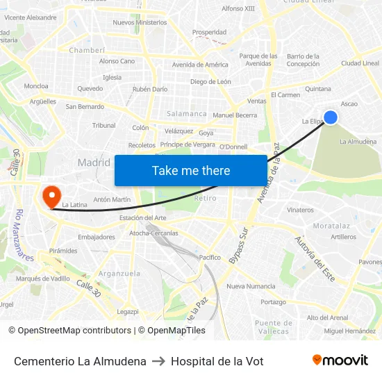 Cementerio La Almudena to Hospital de la Vot map