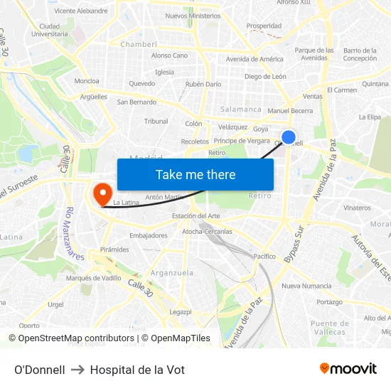 O'Donnell to Hospital de la Vot map